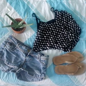 3in jean shorts and black crop top